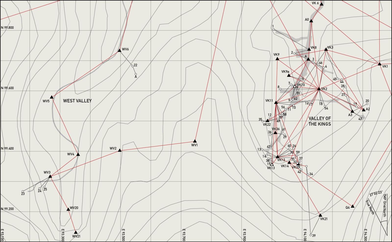 Theban Mapping Project control points on map of the Valley of the Kings.