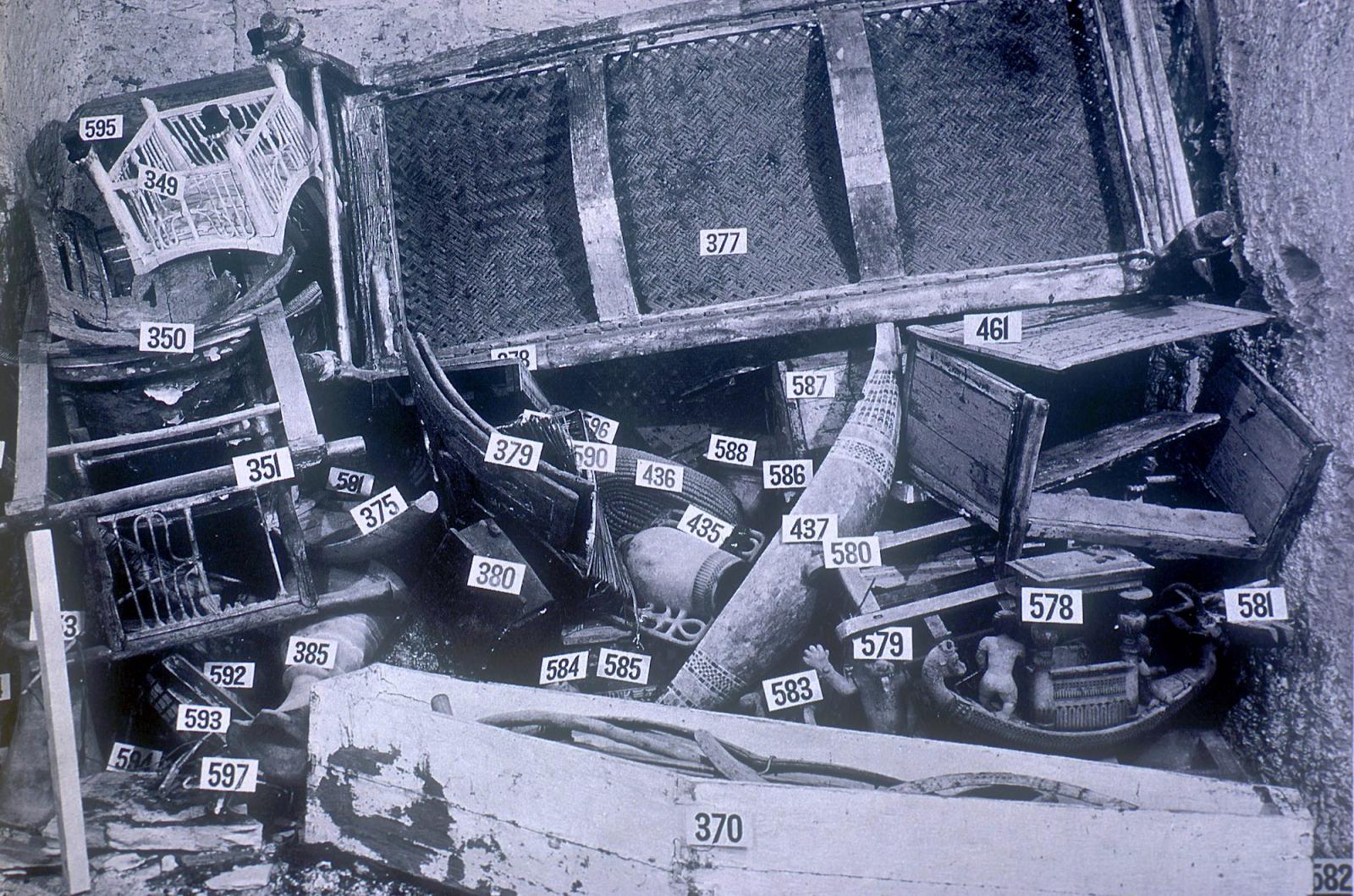 King Tutankhamen's funerary equipment surmounted by the wooden day-bed, no.377.