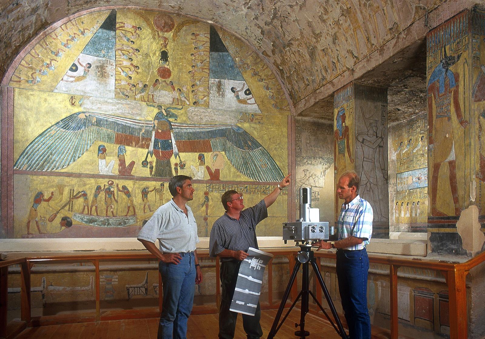 Quantapoint laser-scanning team of Eric Hoffman, Bill Irey and Lee Greenwood setting up equipment.