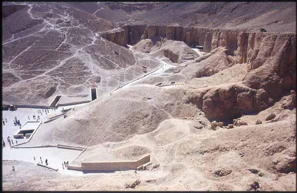 Valley of the Kings, cliff above KV 07, looking south; entrances to KV 62, KV 10, KV 09, KV 11, KV 08.