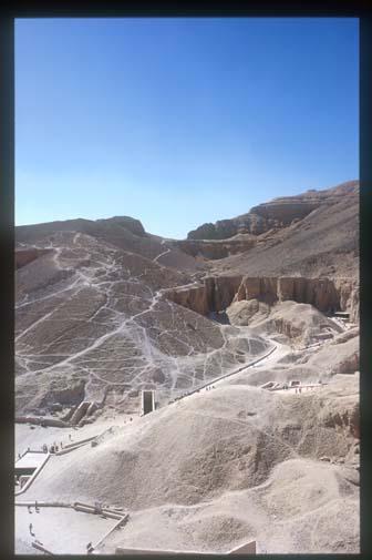 Valley of the Kings, panorama, looking southeast from cliffs above KV 07, with entrances to KV 62, KV 09, KV 10, KV 11, and KV 08.