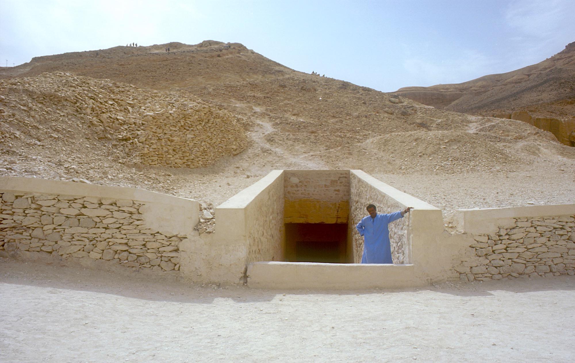 KV 10 tomb entrance with modern revetments and flood protection barrier.