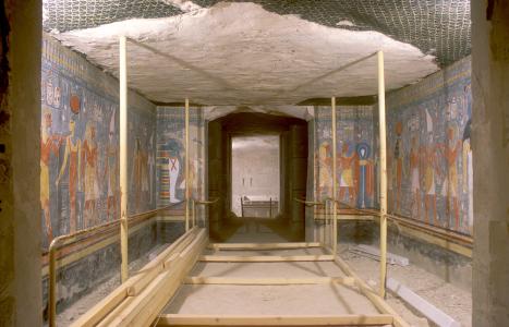 View of chamber I looking into burial chamber J, before installation of new railings and wooden floor.