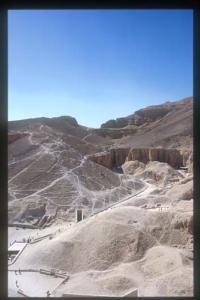Valley of the Kings, panorama, looking southeast from cliffs above KV 07, with entrances to KV 62, KV 09, KV 10, KV 11, and KV 08.